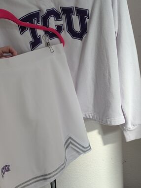 TCU White Cheer Skirt And Sweatshirt Set with Silver Trim